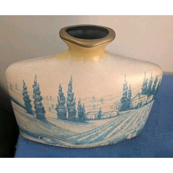 Vintage Square Ceramic Vase Tuscan Countryside READ, FAINT BACK, Pottery, Italy - Picture 2 of 11
